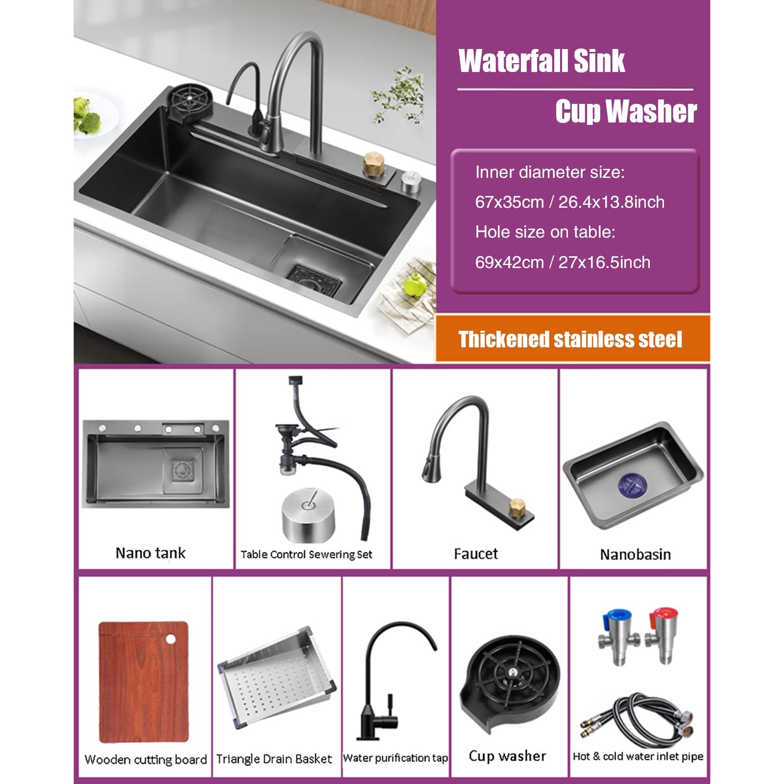 Lavello da Cucina A Vasca Singola Nero 304 Lavello a Cascata in Acciaio Inox lavastoviglie Lavello Singolo con rubinetto estraibile, tagliere, rondella della tazza E Componenti di Drenaggio ( Size : 7