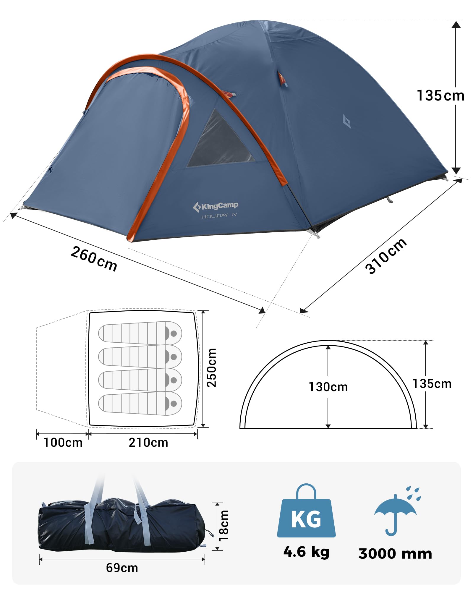 KingCamp MONDOME II namiot kempingowy dla 4 osób, ultralekki, wodoodporny namiot kopułowy, kompaktowy i przyjazny dla plecaka, idealny namiot na kemping, trekking i do aktywności na świeżym powietrzu