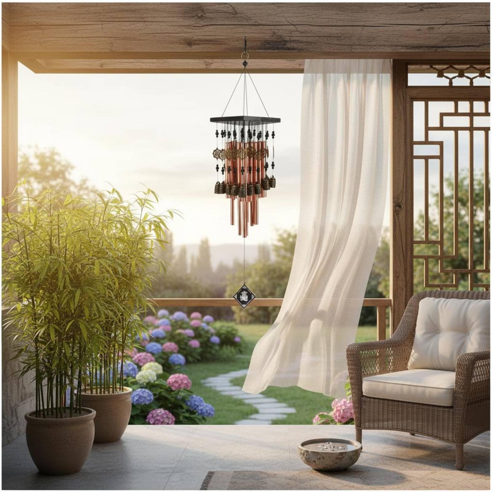 Milageto Campana Colgante Exterior Carillón de Viento Tubos Metálicos Campana Jardín Móvil de Viento Rústico Madera Aluminio Tonos Cálidos Diseño Ornamental