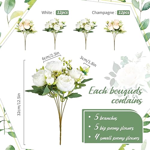 Miniatura 2 de Jexine 24 paquetes de flores artificiales de seda de peonías artificiales, ramo de peonías falsas, ramos de flores artificiales para jarrones,