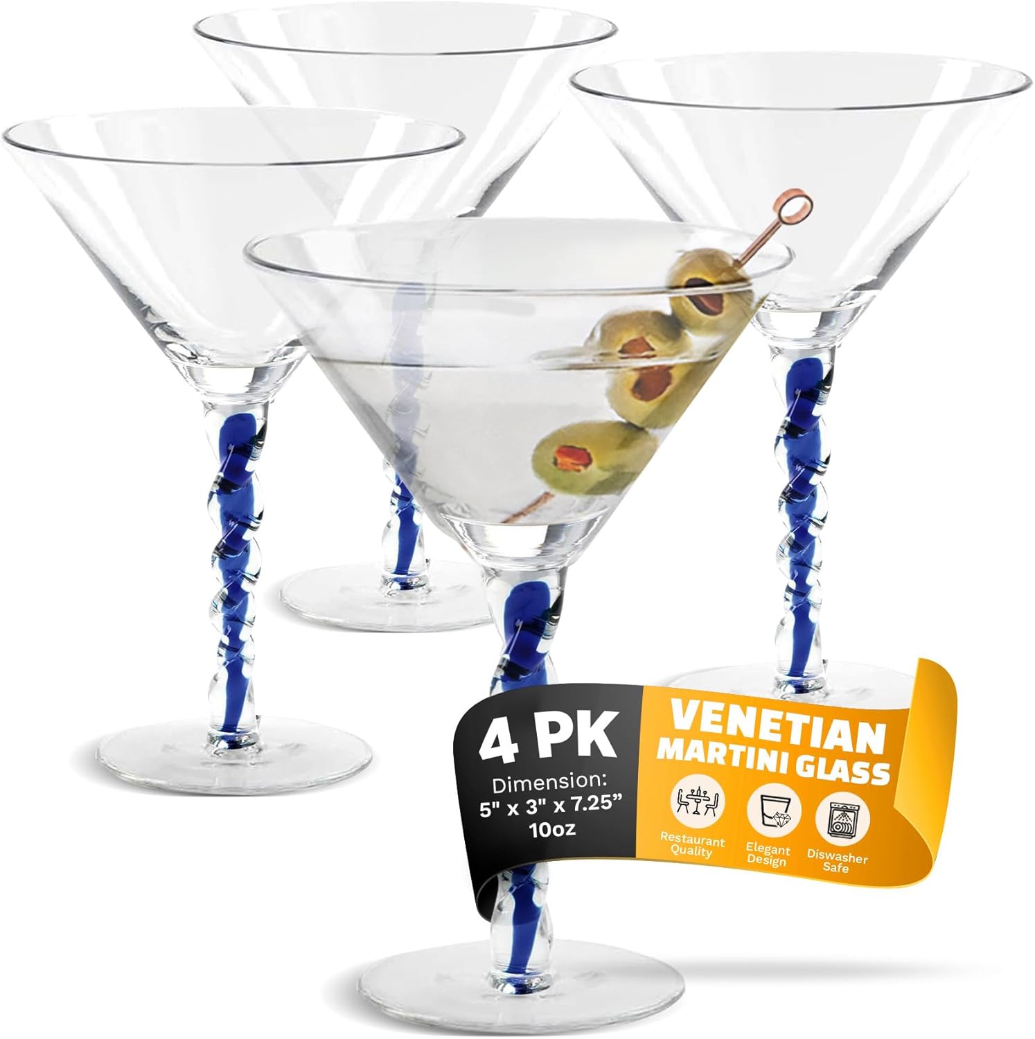 IMPULSE! Venetian Martini Glasses – Set of 4, Blue | Elegant Glassware for Classic & Modern Martinis: Dirty, Espresso, Appletinis, Cosmopolitans & More!