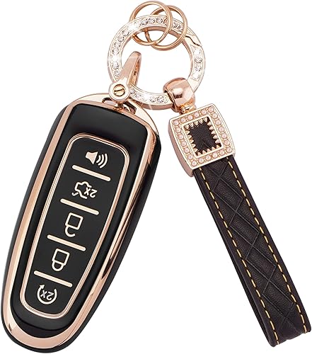 EKALA Funda para llavero Ford con llavero de cuero, 5 botones, carcasa de TPU suave compatible con Ford Edge Focus Flex Explorer Taurus Lincoln MKS