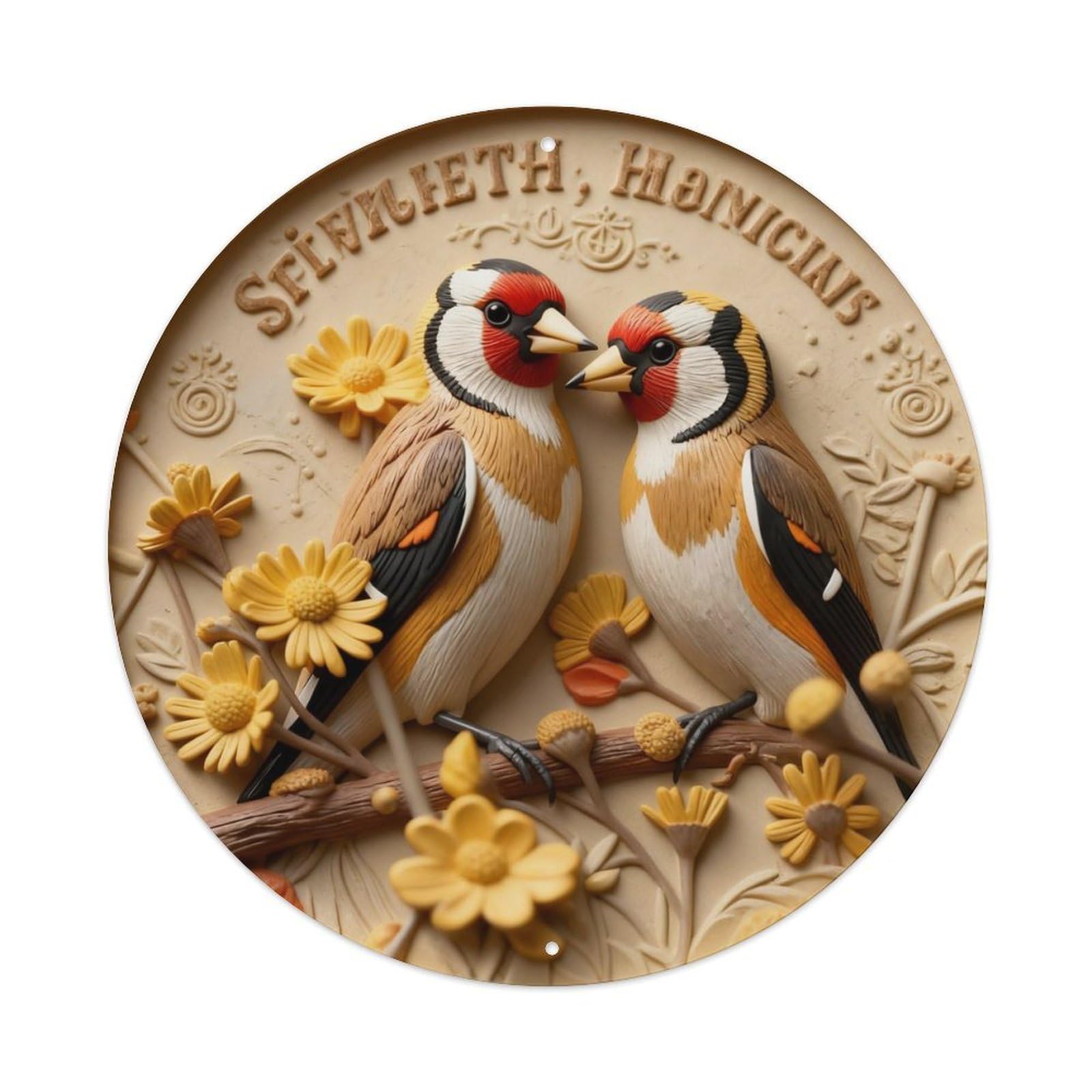 Goldfinch Pair Yellow Flowers Branch Round Metal Tin Sign Vintage Wall Decor, Bar Garage Cafe Kitchen Home Wall Art Poster 8x8inches