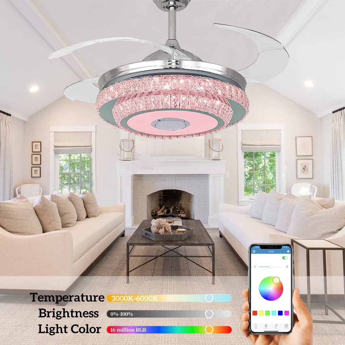 42in Bluetooth Ceiling Fan with Light and Remote, Retractable Blades Crystal Fandelier Music Player LED Chandelier with Bluetooth Speaker 7 Color Dimmable 3 Speeds Silent Fan Lighting