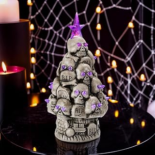 Ceramic Light-up Skull Halloween Tree - Spooky Creepy Ceramic RIP Tombstone Tree, Battery Operated Halloween Skeleton Tabletop Decor, 9.8 inches