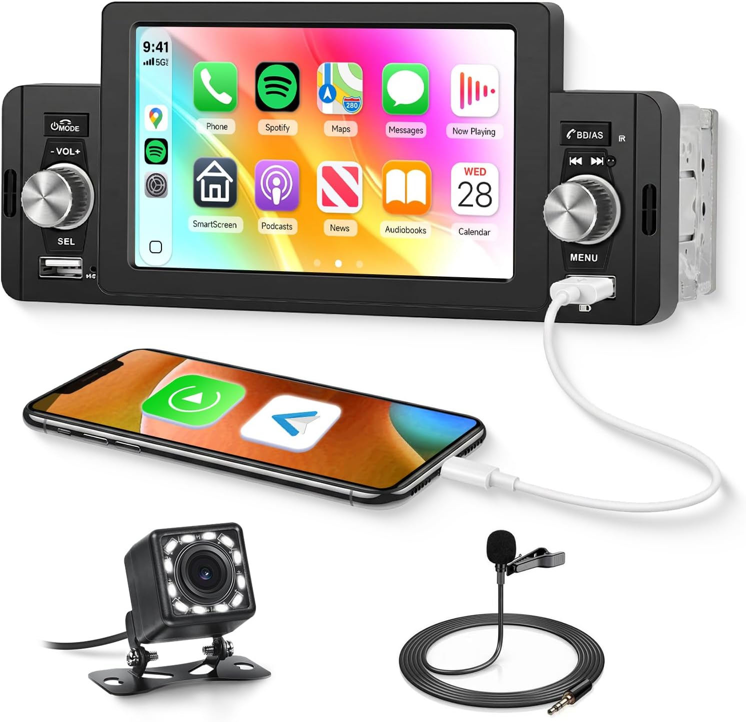 Carplay Single Din Radio 5 Inch Touch Screen Car Stereo with Car Play Android Auto, Bluetooth 5.1, HD Backup Camera, Mirror Link, Siri Voice Control, USB, FM, SWC, Dual Mic, Remote Control