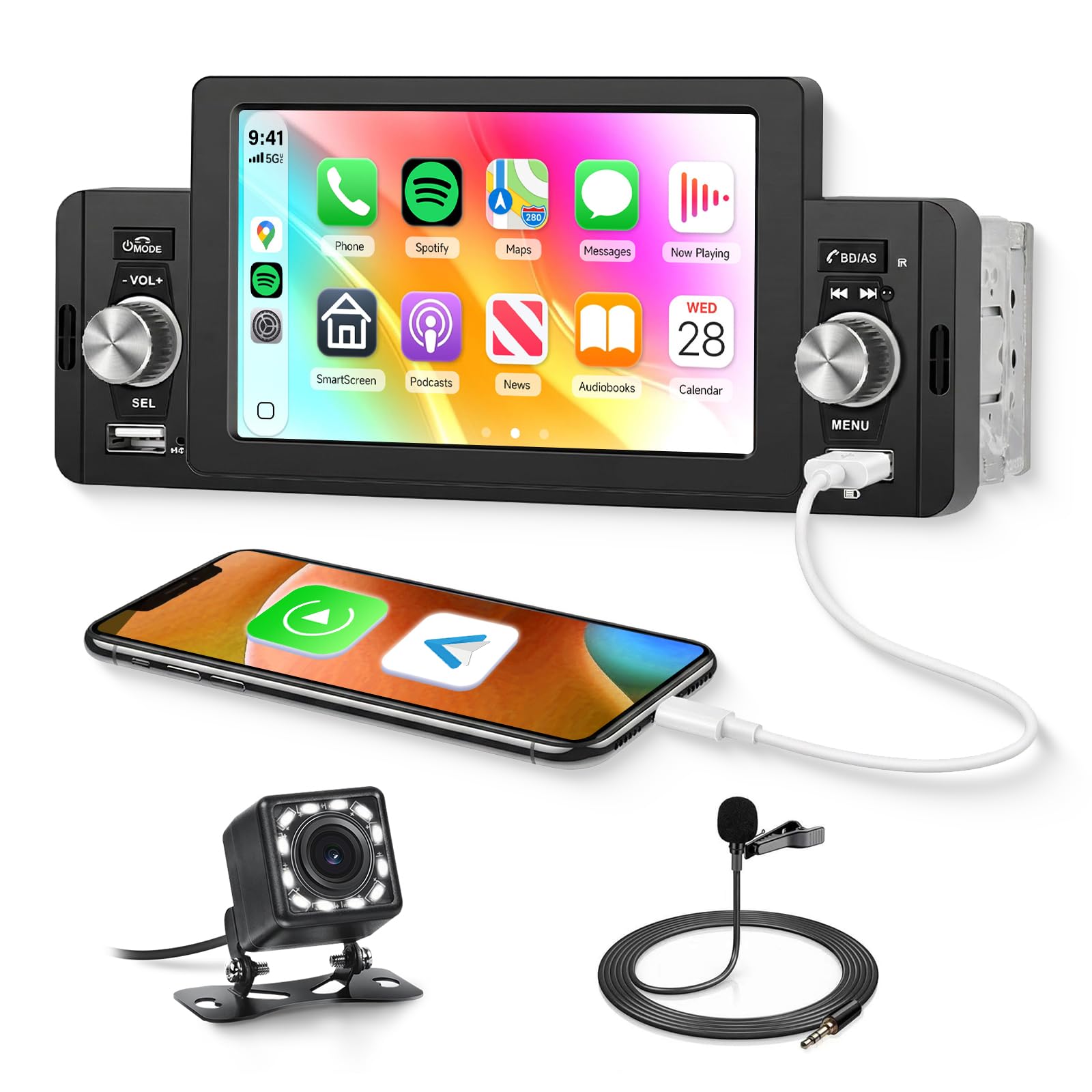 METEESER Carplay Single Din Radio 5 Inch Touch Screen Car Stereo with Car Play Android Auto, Bluetooth 5.1, HD Backup Camera, Mirror Link, Siri Voice Control, USB, FM, SWC, Dual Mic, Remote Control-image-45