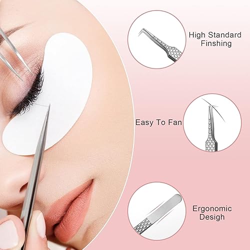 Miniatura 3 de Pinzas para extensiones de pestañas, punta de acero inoxidable de precisión, curvada recta, 90 grados, pinzas profesionales de fibra de agarre