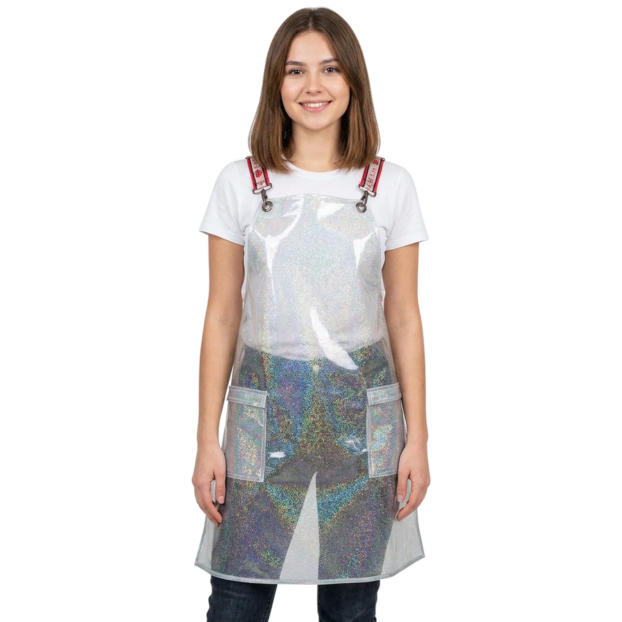 Ladybird Line 111 Clear Sparkling Waterproof Unisex Salon Apron with Signature Crossover Adjustable Strap, 2 Large Front Pockets, for Pet Groomers and