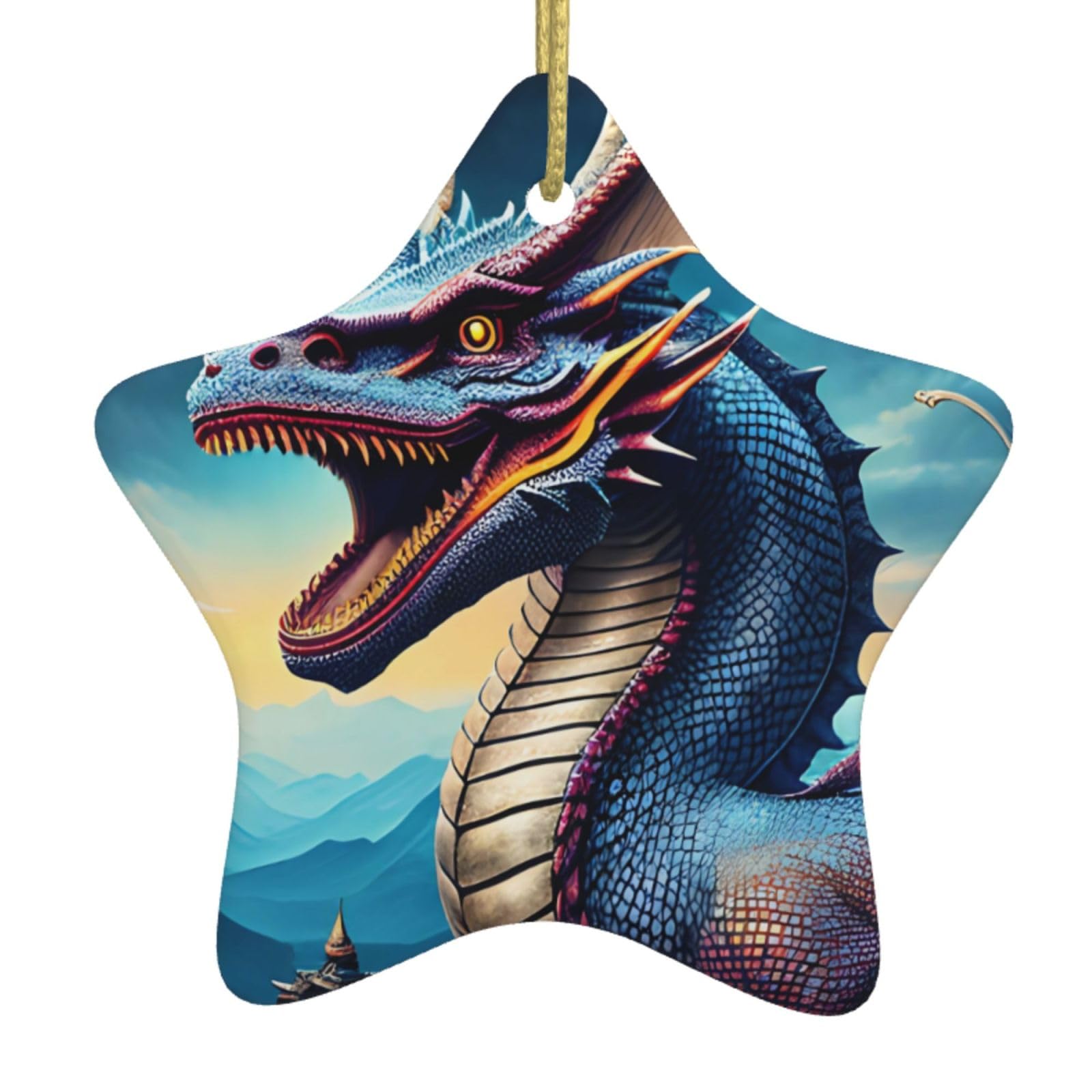 Roaring Dragon Christmas Ceramic Star Pendant with Punched Holes and Gold Wire Rope, Christmas Tree Home Decoration