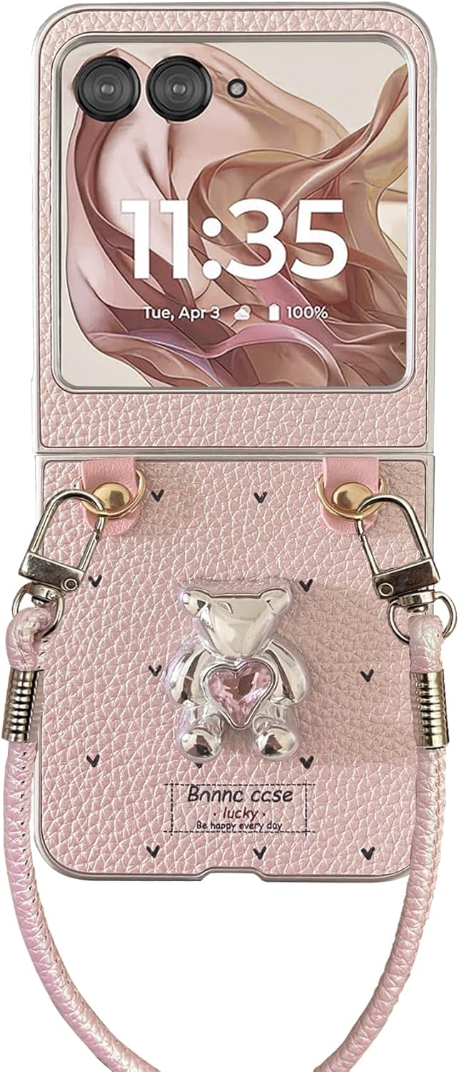 Cute Bling Pink Case for Women Girls with Strap, Anti-Scratches Shockproof Faux Leather Case for Motorola Razr 2024/2025