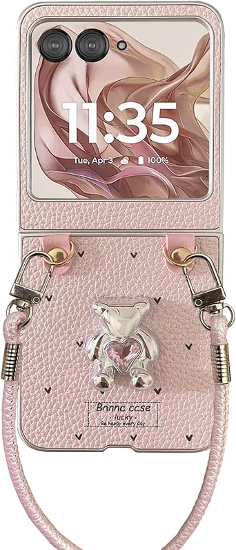 for Motorala Razr 2024 Case, Cute Bling Razr 2024 Phone Case for Women Girls with Strap, Anti-Scratches Shockproof PU Leather Pink Case for Moto Razr 2024