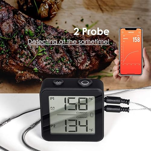 Miniatura 2 de Termómetro inalámbrico Bluetooth para carne con doble sonda para parrilla, ahumador, barbacoa, alarma de temporizador doble, aplicación inteligente,