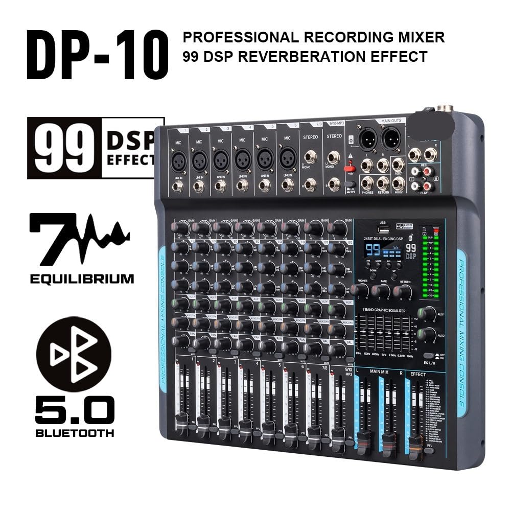 DP-10 Mezclador de audio Controlador DJ Mezclador de grabación de reverberación 99 DSP de 10 canales con Bluetooth,Compatibilidad Universal