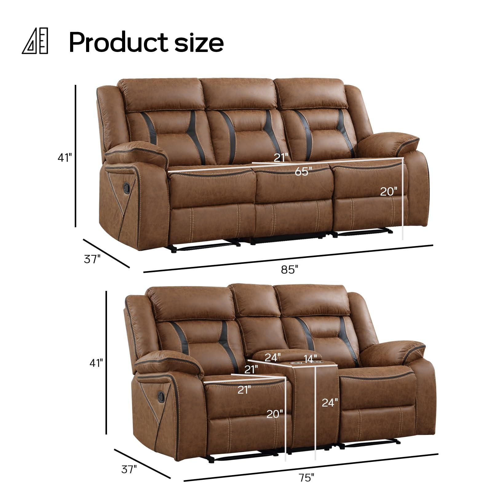 EBELLO Manual Recliner Sofa Set, Faux Leather Reclining Living Room Furniture Set, Included Loveseat and 3 Seat Manual Recliner Sofa, Brown(Loveseat+Sofa) view 2