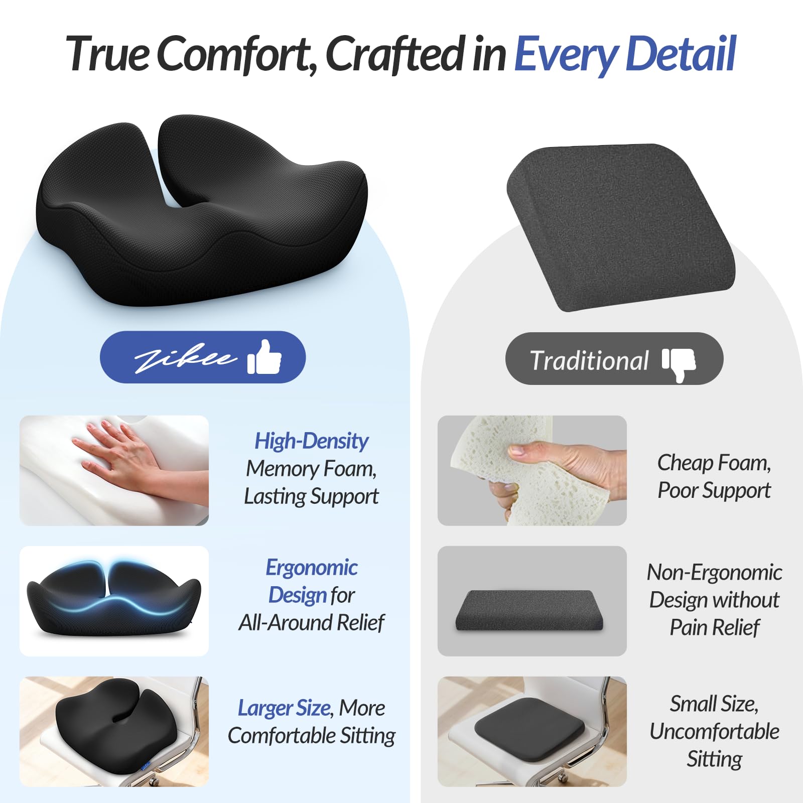 ZIKEE Pioneering Seat Cushion for Pressure Relief Ergonomic Office Chair Cushion for Sciatica Back Hemorrhoids Tailbone Pain Relief — view 5