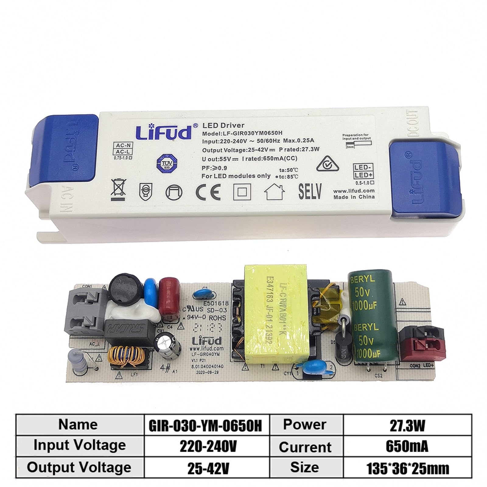 1PCS LED Driver 25W-31W 600mA 650mA 700mA 750mA LF-GIR030YM 25-42V Illuminazione di isolamento a corrente costante ad alto PF(LF-GIR030YM0600H,5pcs)