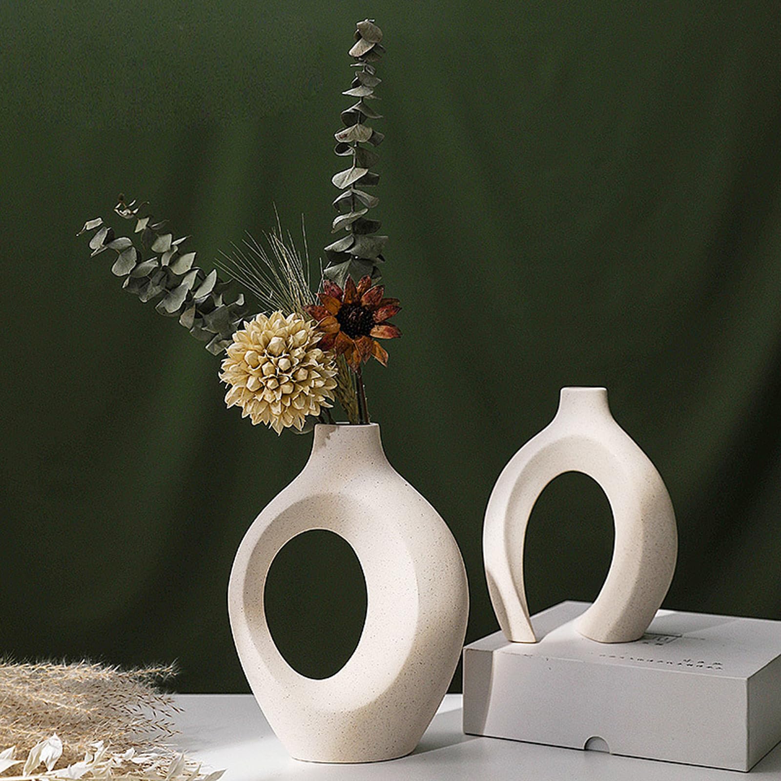 Vase Mit Loch Weiss Boho Ideal, 2er Set Keramik Vase Weiß Matt, Keramik Vase Für Pampasgras, Zur Aufbewahrung von Trockenblumen für die Heimdekoration