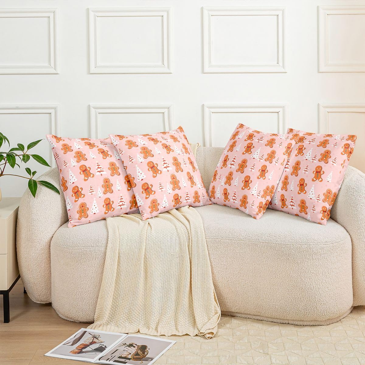 Feelyou Merry Christmas Reversible Throw Pillow Covers 22 x 22-Inch Gingerbread Man Snowman Square Cushion Covers Set of 2 for Decor Pink Xmas Tree Pillow Covers Home Decor Christmas