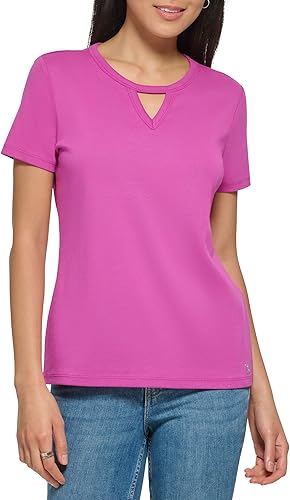 Calvin Klein Camiseta casual de manga corta con cuello acanalado de 1 x 1 para mujer