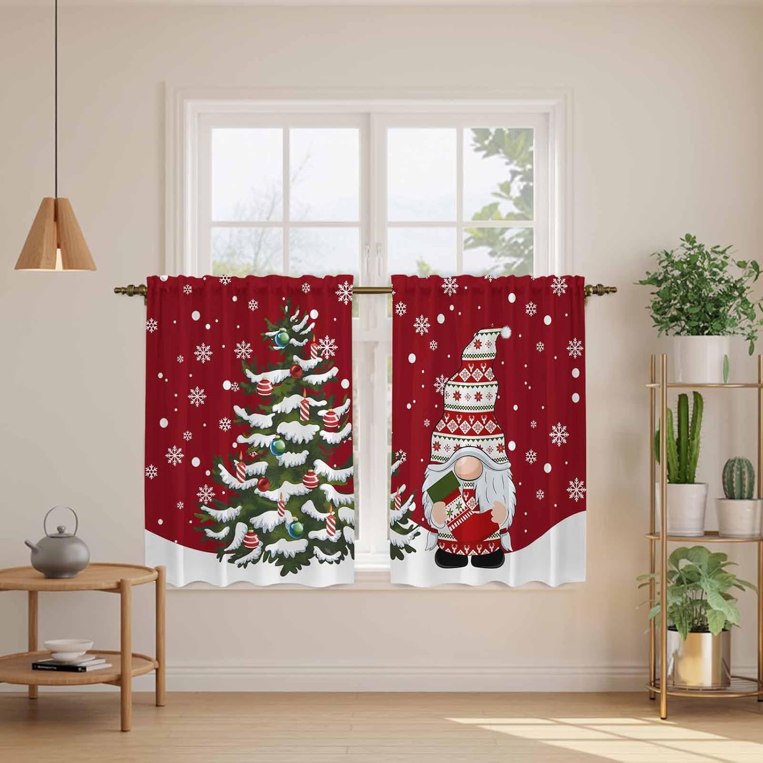 Red Christmas Gnomes Kitchen Curtains 45 Inch Long 2 Panel Set, Rod Pocket Window Treatment, Winter Xmas Snowflakes Holiday Light Filtering Short Curtains & Drapes for Bathroom Laundry 52"W x 45"L