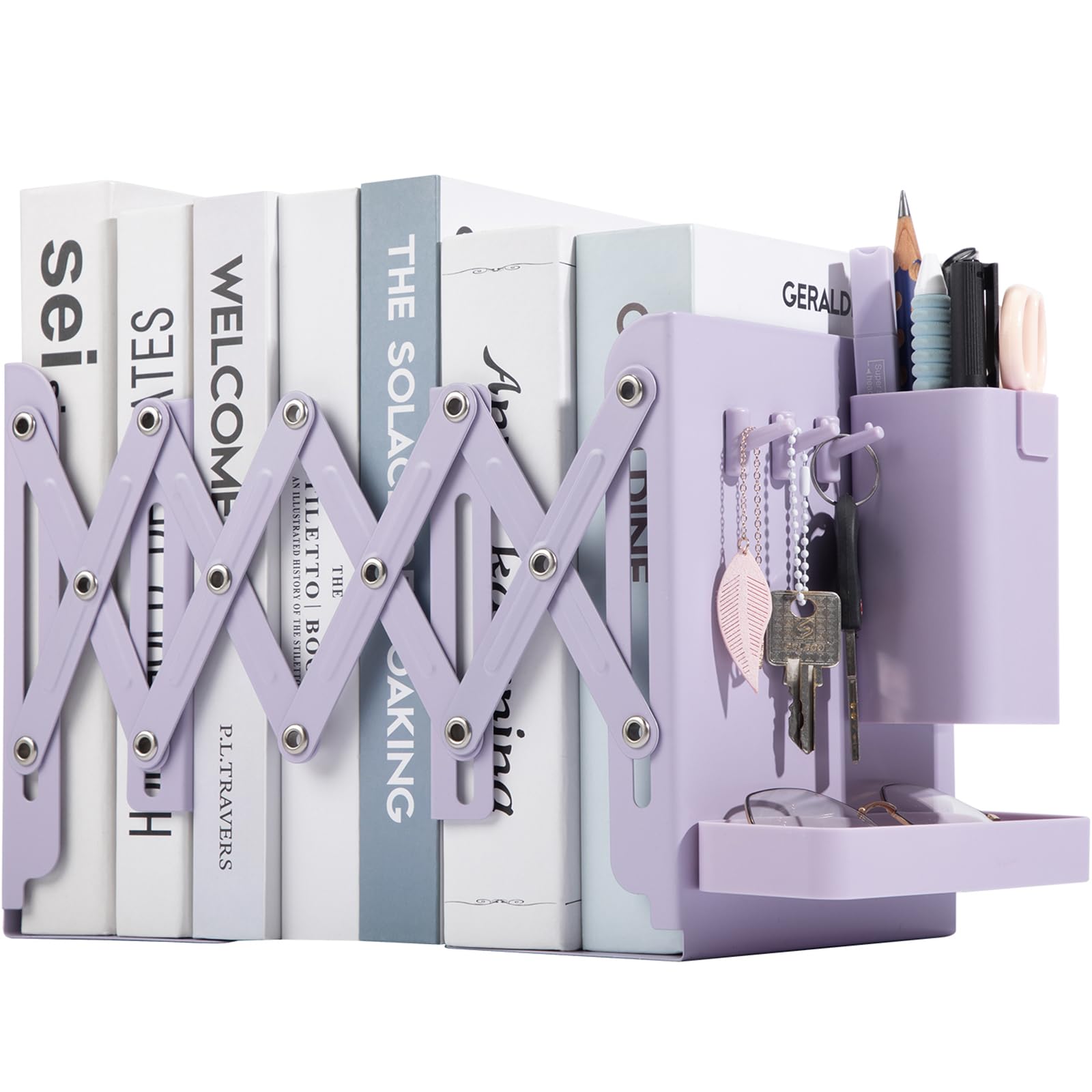 ALKALO Adjustable Bookends, 19" Metal Book Ends for Heavy Books, 2 Dividers Bookends with Removable Pen Holder, Tray, and 3 Hook-up, Book Organizer