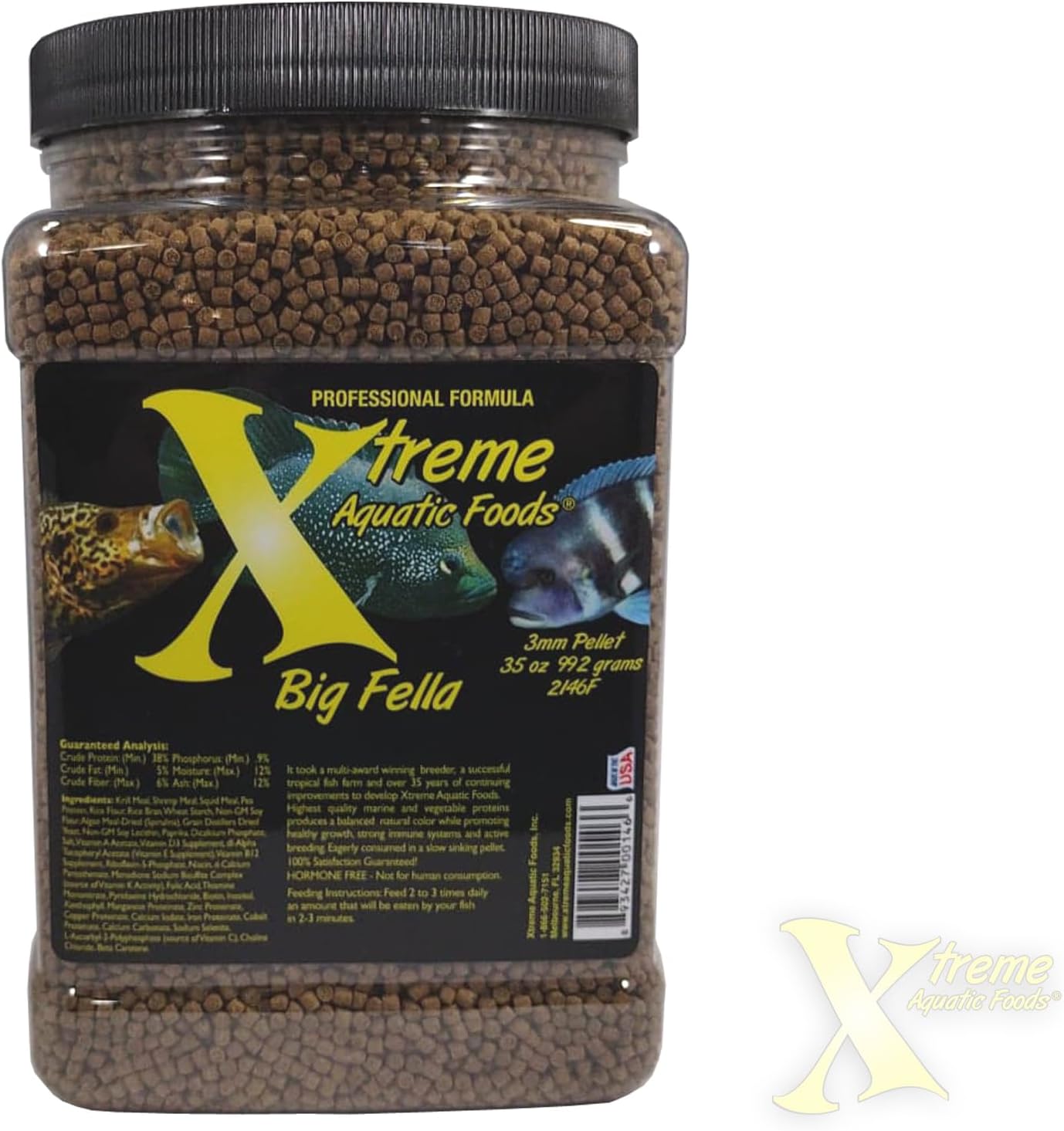 Xtreme Big Fella 3.0mm Pellets: Professional Nutrition for Medium to Large Cichlid/Community Fish - Boost Immune &amp; Digestive Health, Color &amp; Energy, Max Protein Fish Food – USA Farm Grown (35o