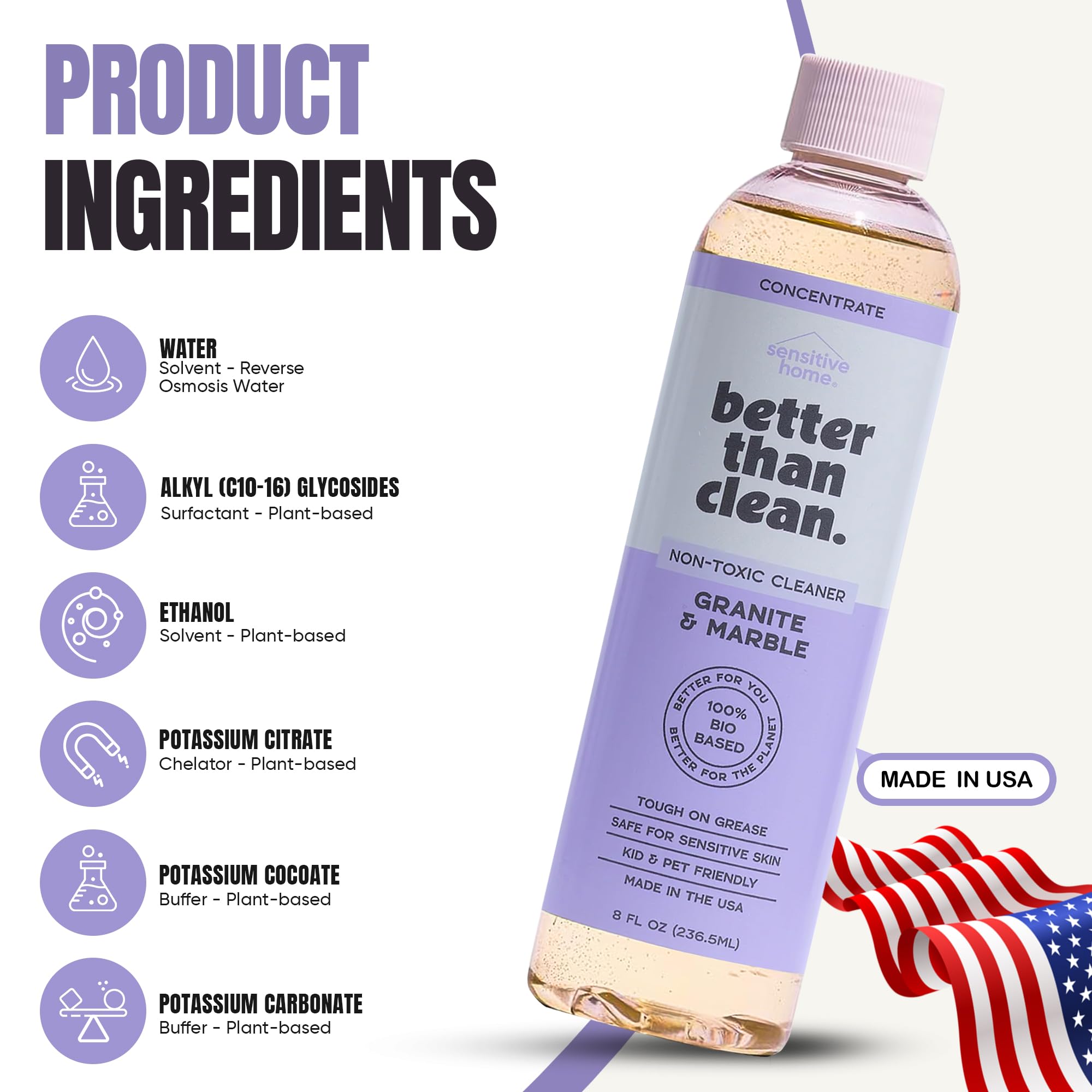 Better Than Clean™ Marble & Granite Cleaner Concentrate – Fragrance Free, Plant-Based, Non-Toxic, Surface Cleaner for Natural Stone, Slate & Marble – 8oz Makes 4 Bottles