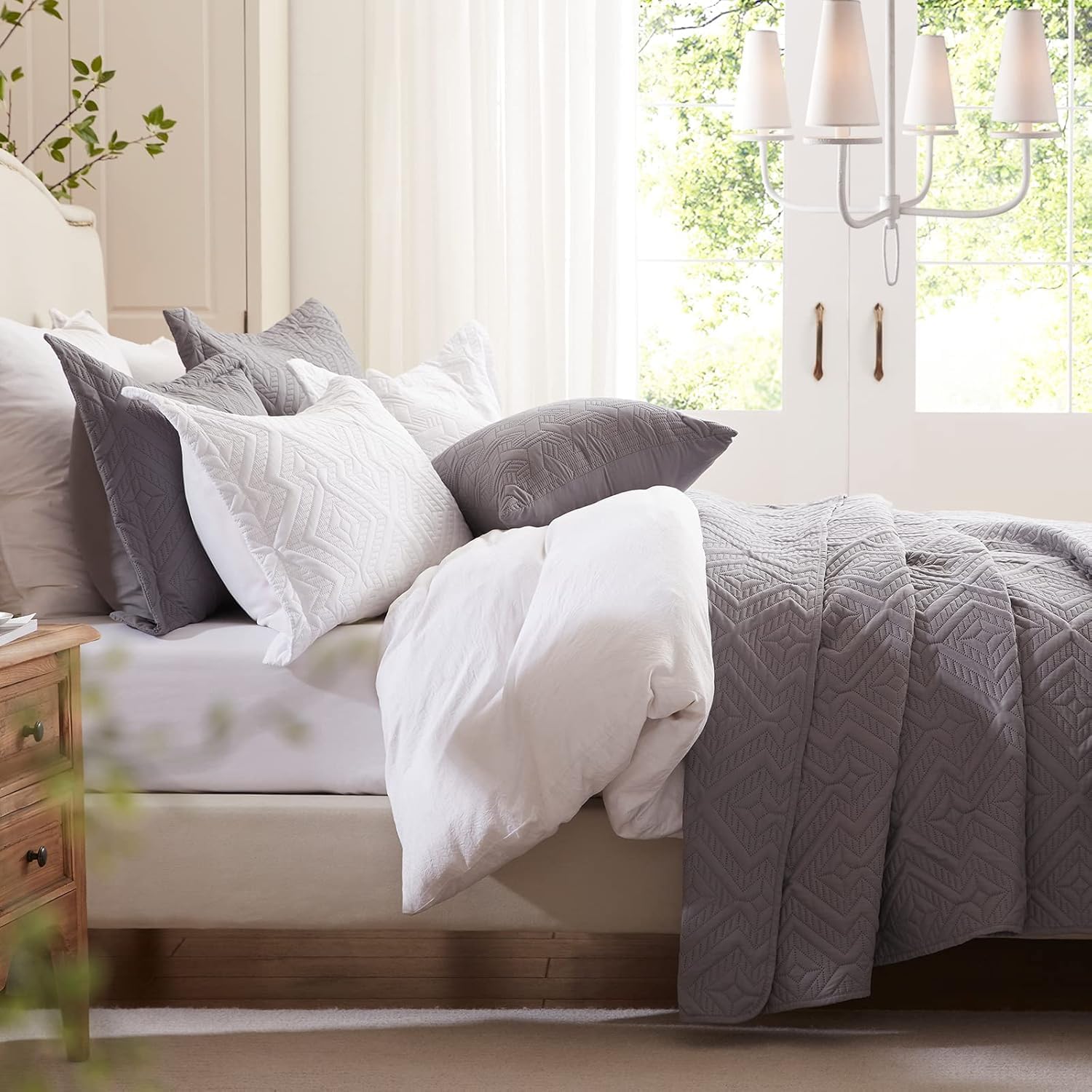 Set de colcha doble/Queen, 3 piezas, microfibra suave y ligera, colcha de verano y set de cubrecama para todo el año, 229 x 249 cm, gris,(1 colcha y 2 fundas de almohada)