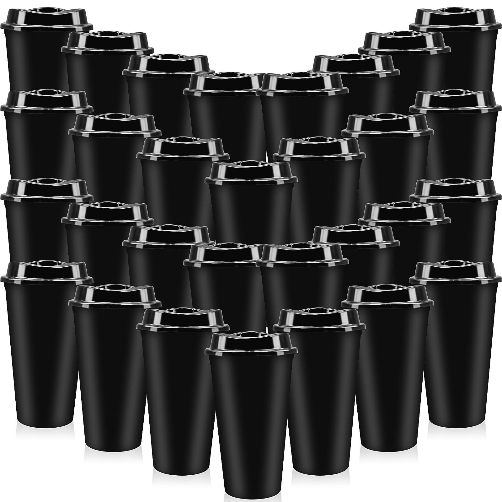30 Pack Black Reusable Coffee Cups with Lids, 450ml Plastic Travel Tumblers