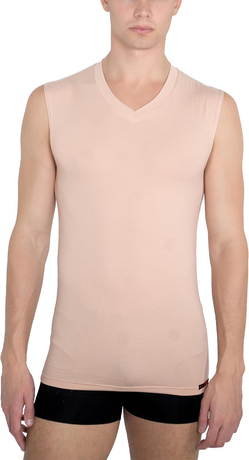 ALBERT KREUZ Men's Invisible Sleeveless v-Neck Business Undershirt Stretch Cotton Nude Beige