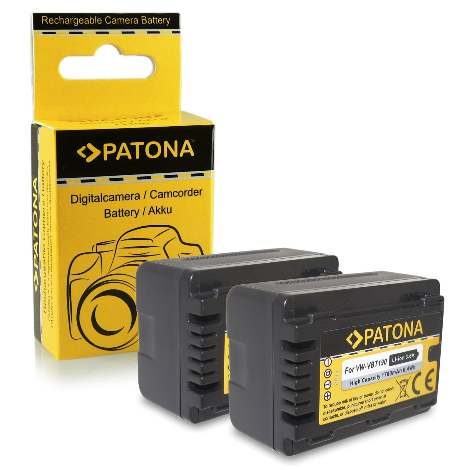 PATONA 2X VW-VBT190 Batterie 1780mAh Compatible avec Panasonic HC-V110 V120 V160 V210 V250EB V270 V380 V510 V520 V550 V550EB V710 V720 V727 V750EB V757 VX870 VX989 VXF999 W570 W580 VBT190