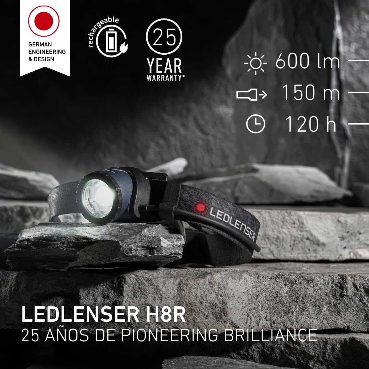Ledlenser H8R Linterna Frontal Recargable, 600lm, Edición 25 Aniversario | Incluye batería adicional: doble autonomía, alcance 150 m, USB-C, luz roja trasera, IP54, para el trabajo, camping y pesca
