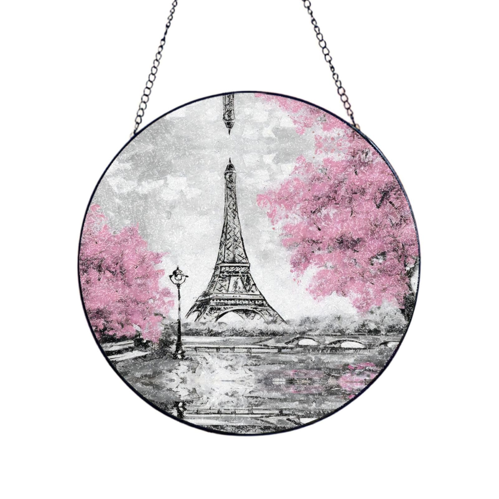 Phayah Oil Painting Paris Eiffel Tower Print Glass Window Hanging Sun Catchers Suncatcher Decor For Birthday For Home Garden Porch 10in（25cm）