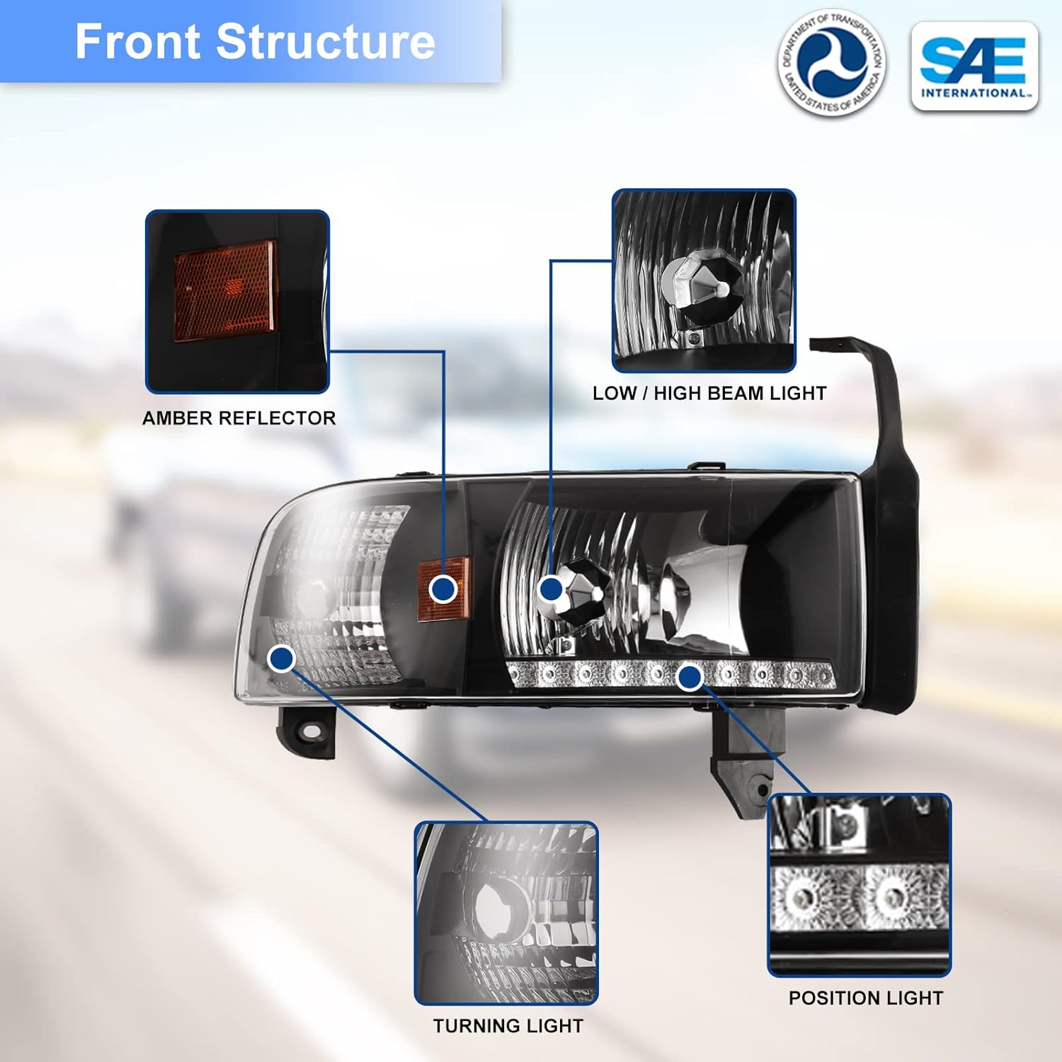 ROXX DRL Headlight Assembly Compatible with 1994-2002 Dodge Ram 1500 2500 3500, 1995-2002 Dodge Ram 4000, Headlights w/Amber Reflector, High Low Beam, Driver & Passenger Side (With Led DRL)