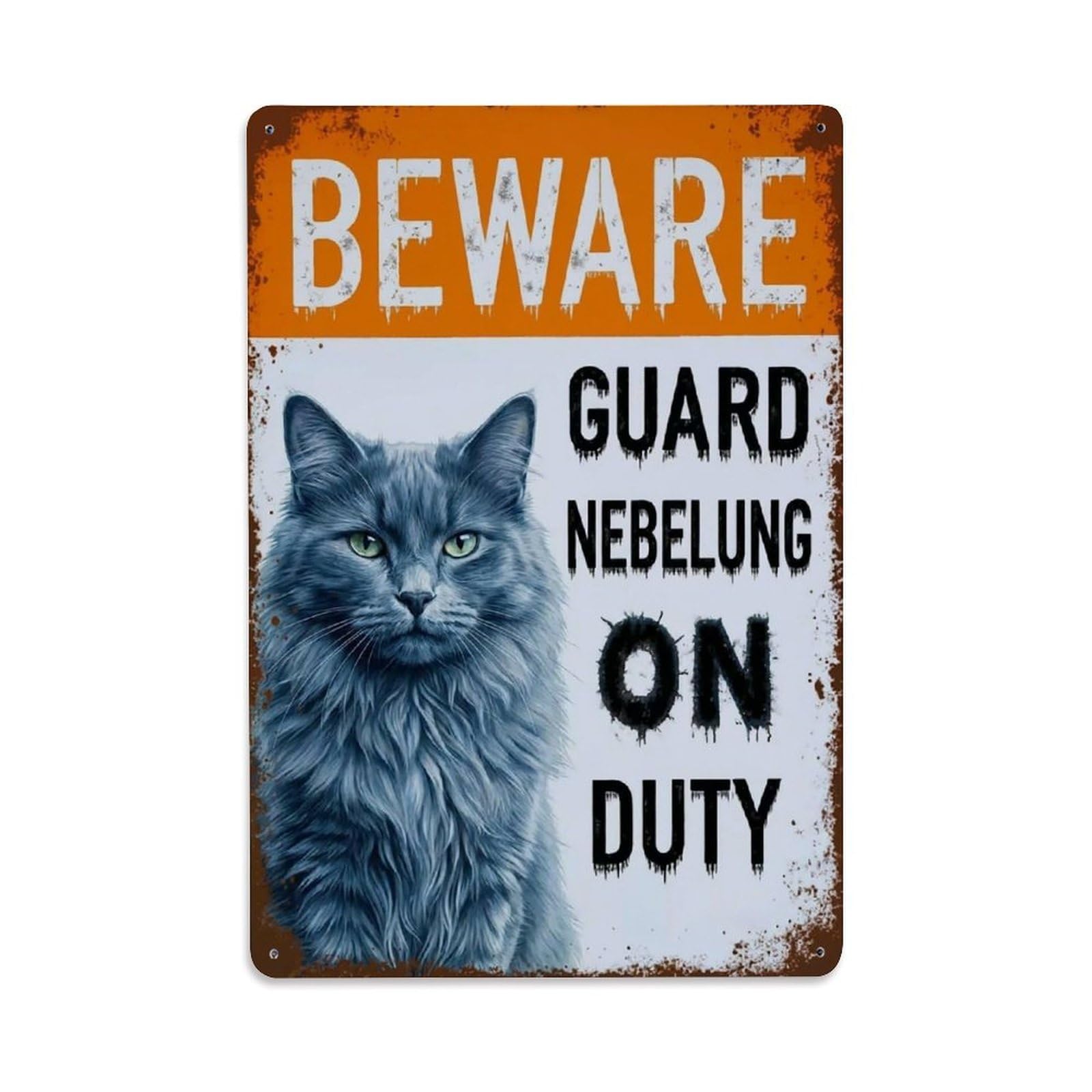 Vintage Funny Nebelung Guard Beware of Cat Corner Metal Tin Sign Plaque Wall Decor for Cafe, Club Bar, Office, Garden Metal Poster 8x12Inch