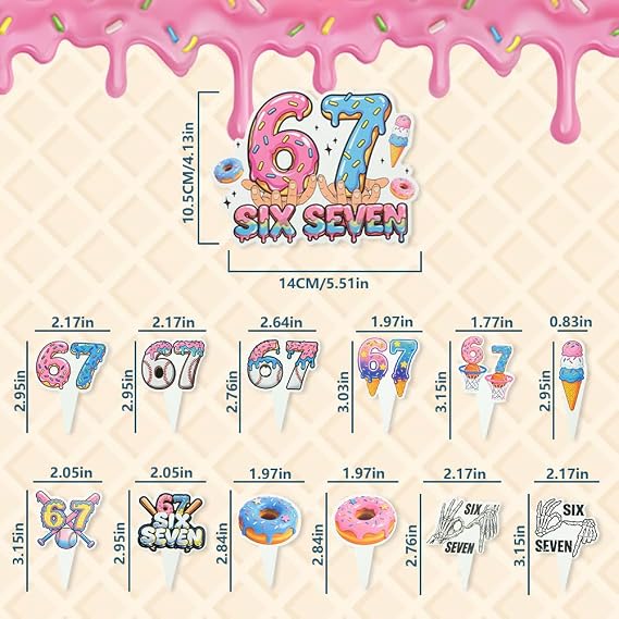 Donut & Ice Cream Theme 67 Birthday Decorations, 1 Large Cake Topper + 24 Cupcake Toppers (12 Designs) in Pink & Blue, Humorous 
