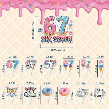 Donut & Ice Cream Theme 67 Birthday Decorations, 1 Large Cake Topper + 24 Cupcake Toppers (12 Designs) in Pink & Blue, Humorous