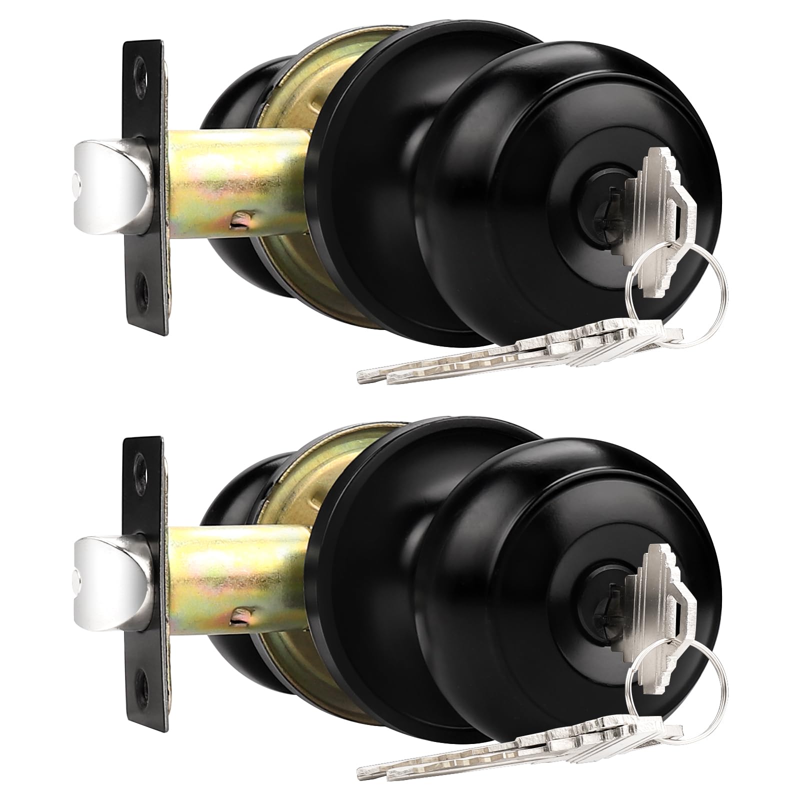 Probrico Keyed Entry Door Locks, Exterior Interior Door Knob with Lock 2 Pack, Bedroom Bathroom Door Locks Same Key, Matte Black Finish Lockset, Flat