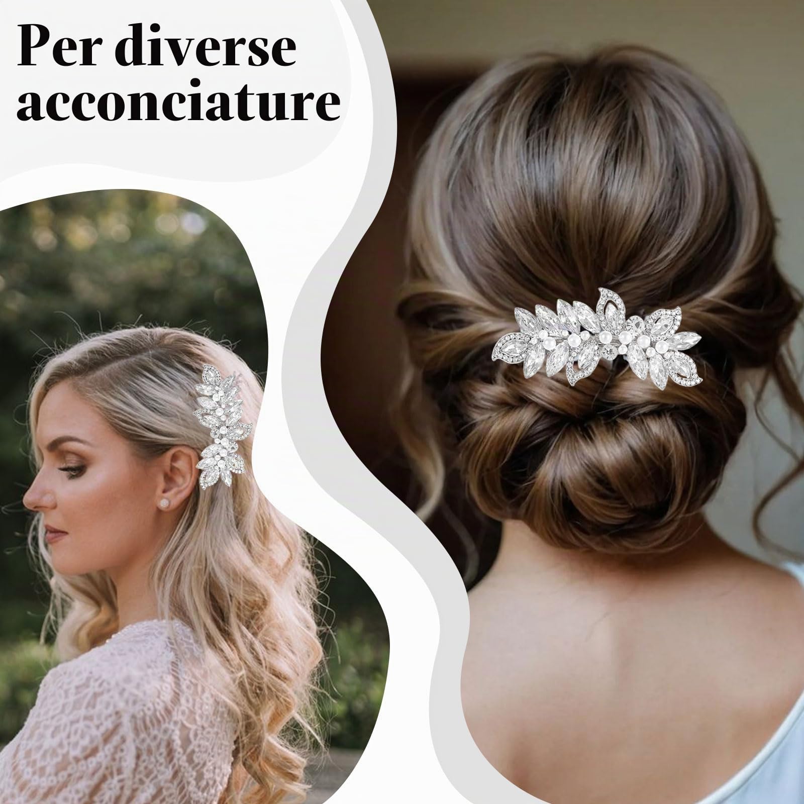 LunarCharm Fermagli per capelli con perle, accessori da sposa argentati per donne, forcine scintillanti con cristalli, fermagli a forma di foglia per matrimonio, sposa, capelli lunghi