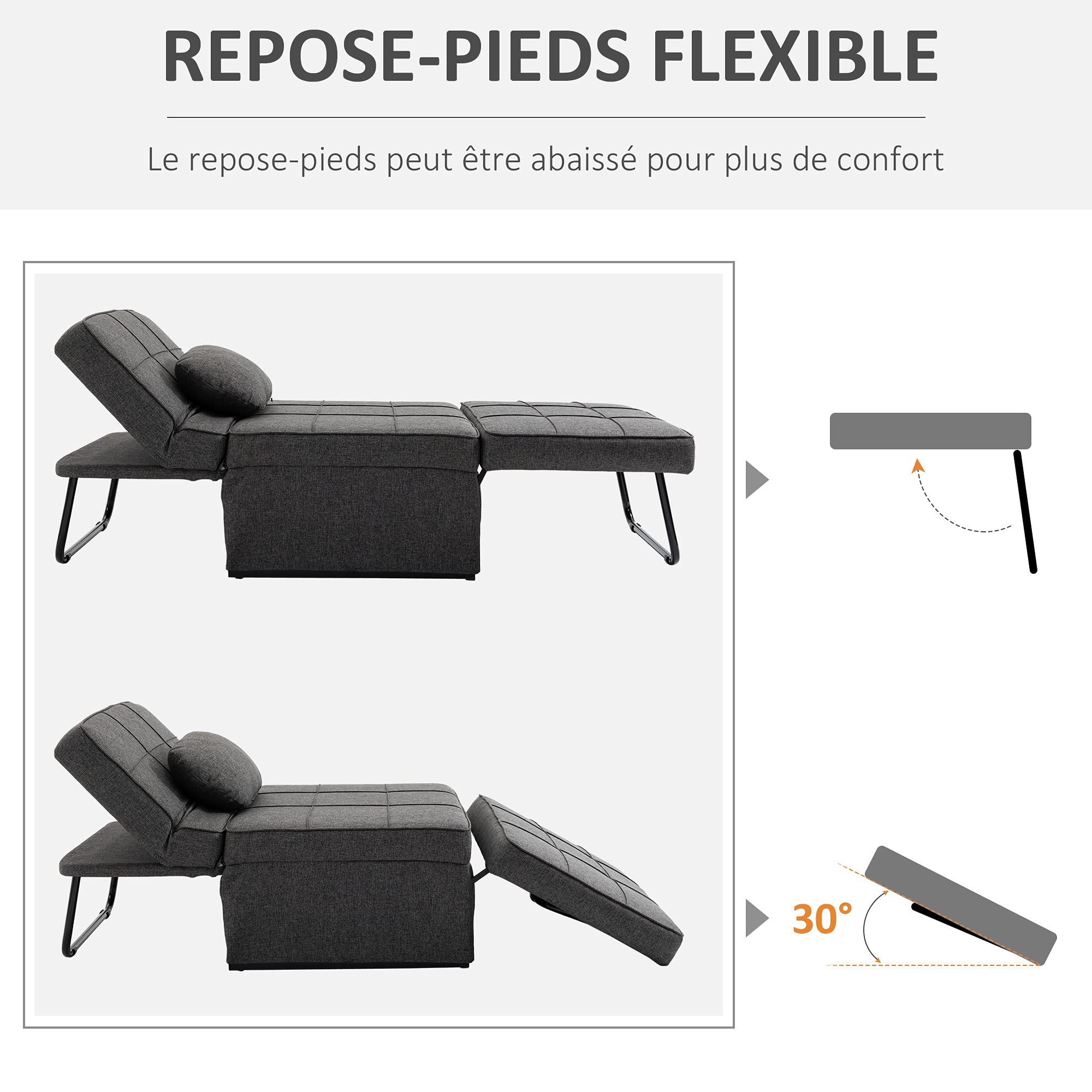 HOMCOM Chauffeuse 1 Place 4 en 1 Fauteuil lit Convertible Pouf Dossier inclinable 5 Niveaux Repose-Pied Rabattable, Charge 200 Kg, châssis métal et Tissu Lin Gris