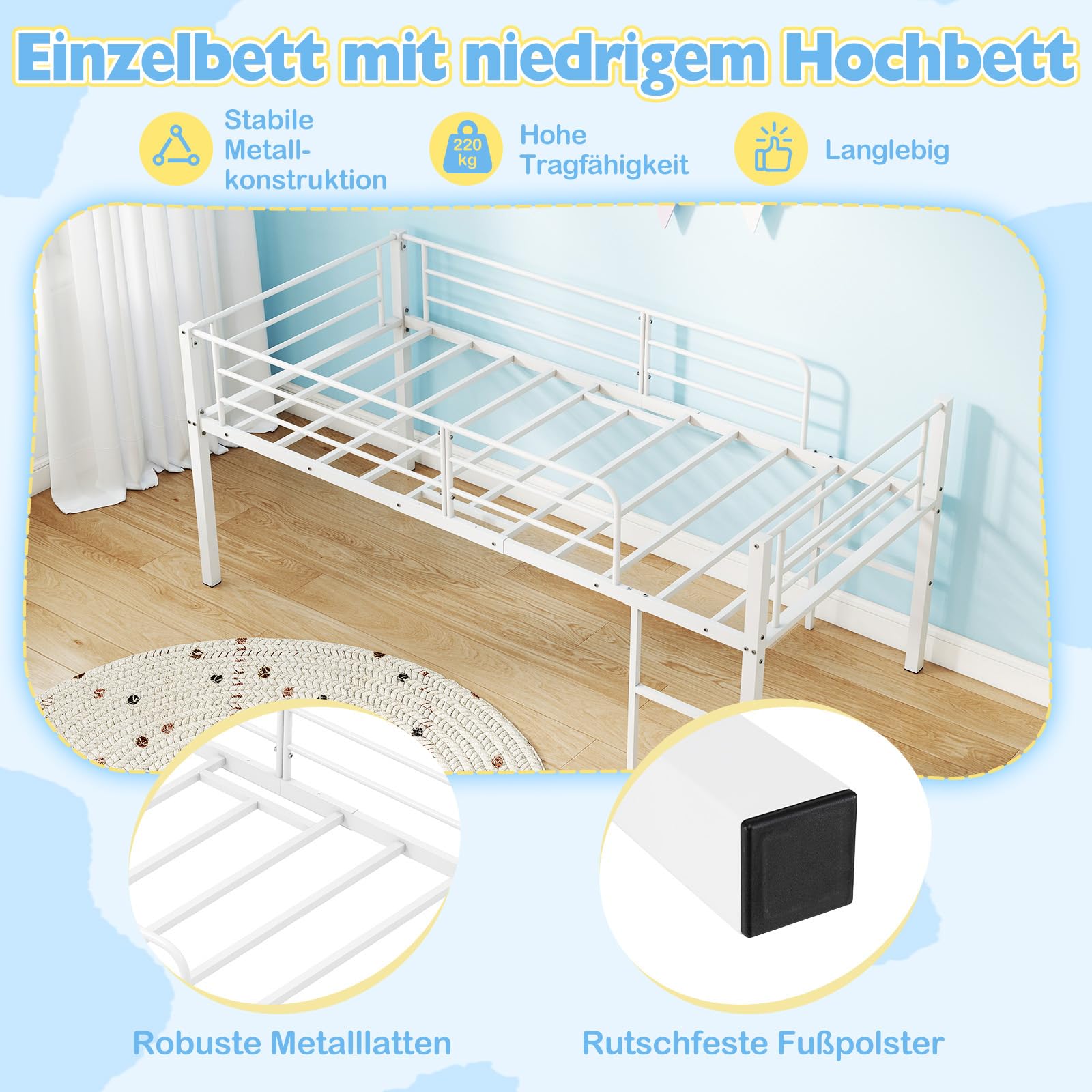 COSTWAY Hochbett 90x200 cm, Kinderbett mit Sicherheitsgeländern & 2 Leitern, Kinderhochbett platzsparend mit Stauraum unter dem Bett, Bettrahmen für Jungen & Mädchen (Weiß)