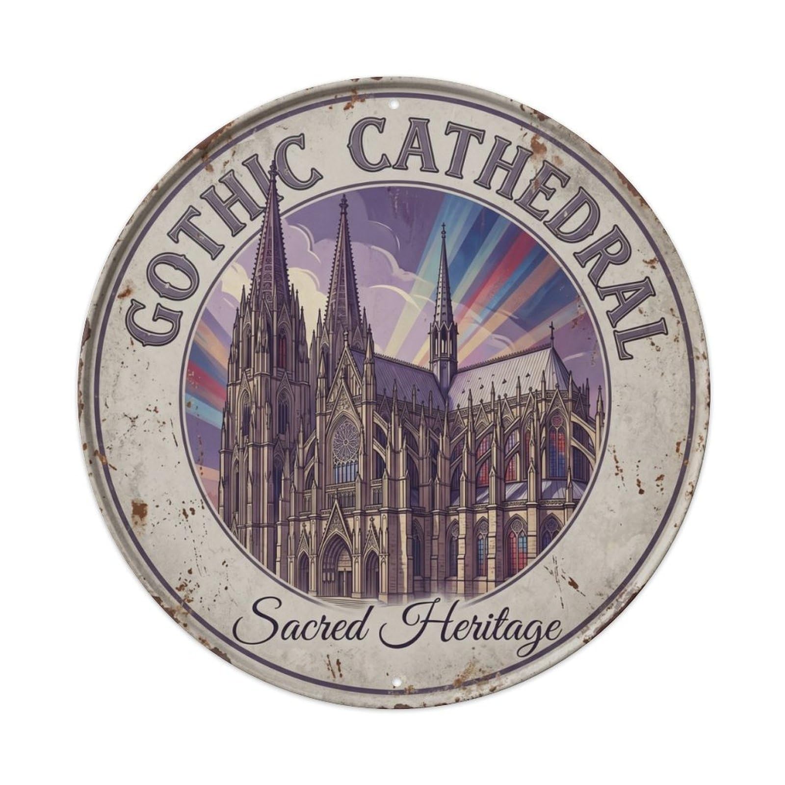 Vintage Travel Cathedral Gothic Architecture Metal Tin Sign Plaque Wall Decor for Cafe, Club Bar, Office, Home Garden Round Metal Poster 8x8Inch