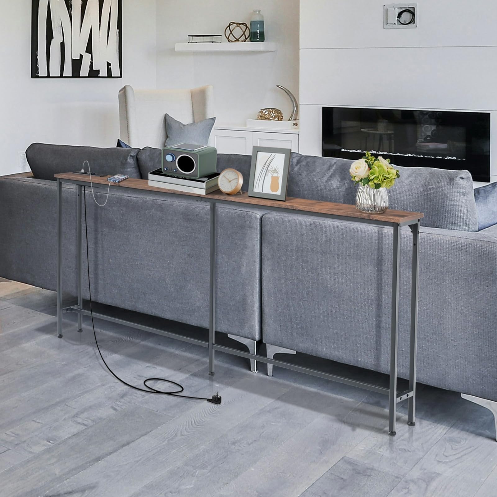 Tavolo Consolle da 180 cm con 2 Prese e 2 Porte USB, Tavolo Consolle d'Ingresso Stretto da 20 cm di Larghezza, Mobile Dietro il Divano per Soggiorno, Ingresso, Corridoio, Hall, Marrone e Nero