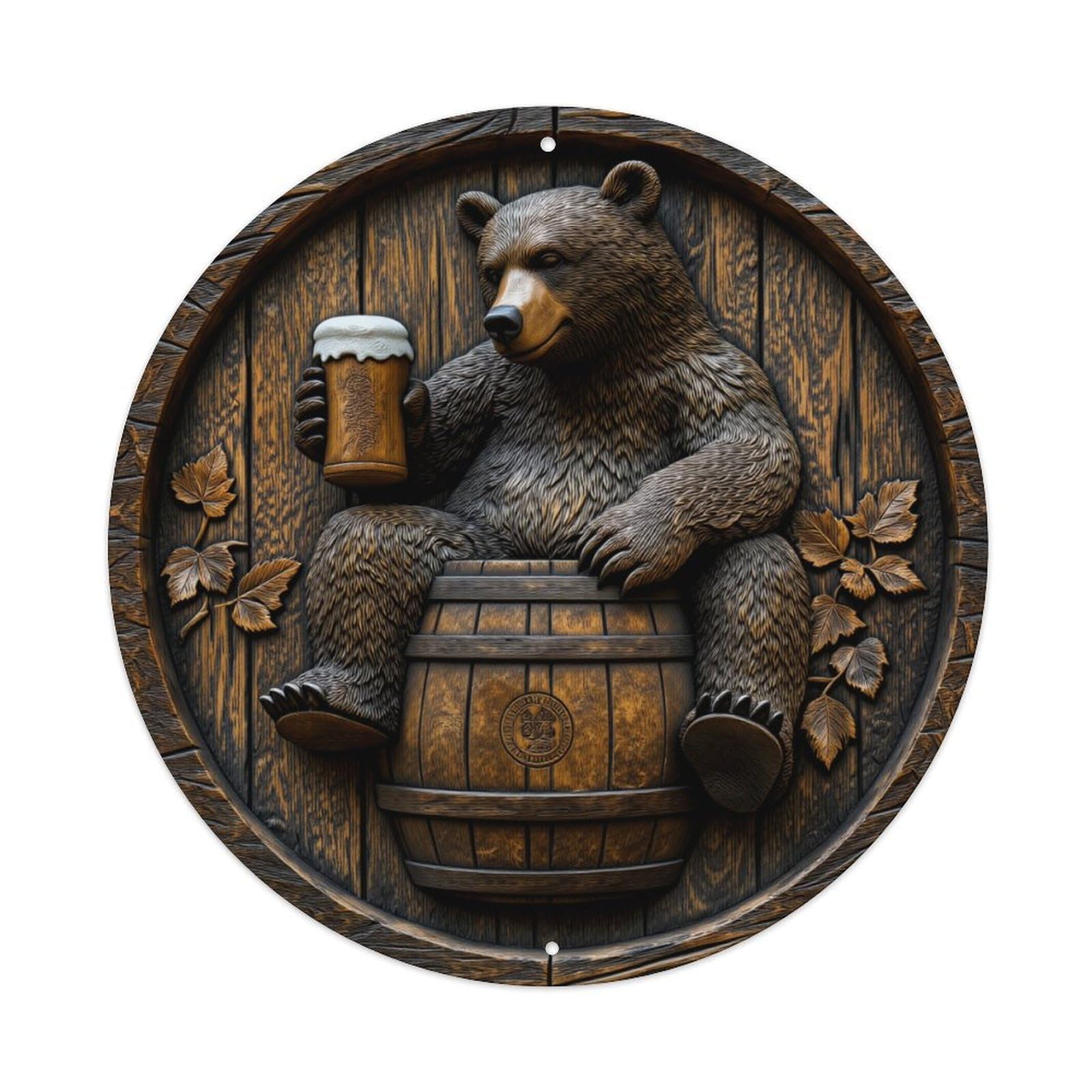 Bear Holding Beer Barrel Wood Carving Round Tin Sign Vintage Metal Poster, Home Bar Garage Man Cave Cafe Indoor & Outdoor Wall Decoration 8x8Inches