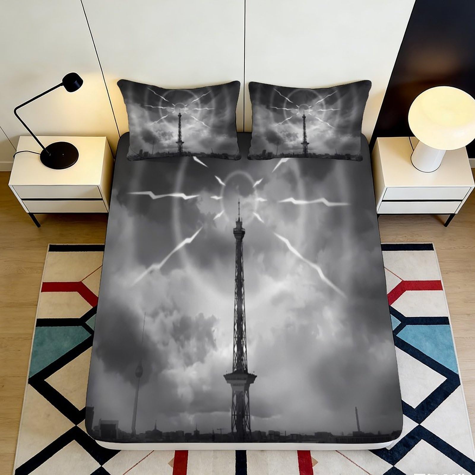 3D Printed Thunderstorm Tower Fitted Sheet Microfiber Black White Lightning Mattress Cover for Bedroom Dorm Decor 90x200x25cm