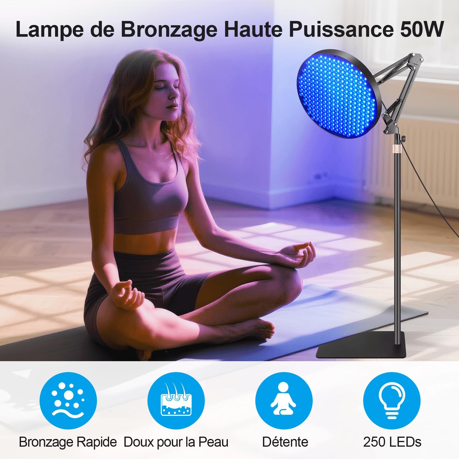 Lampe de Bronzage 50W Solarium Visage Corps 250 LEDs Support Réglable UV avec Protection des Yeux Bleu