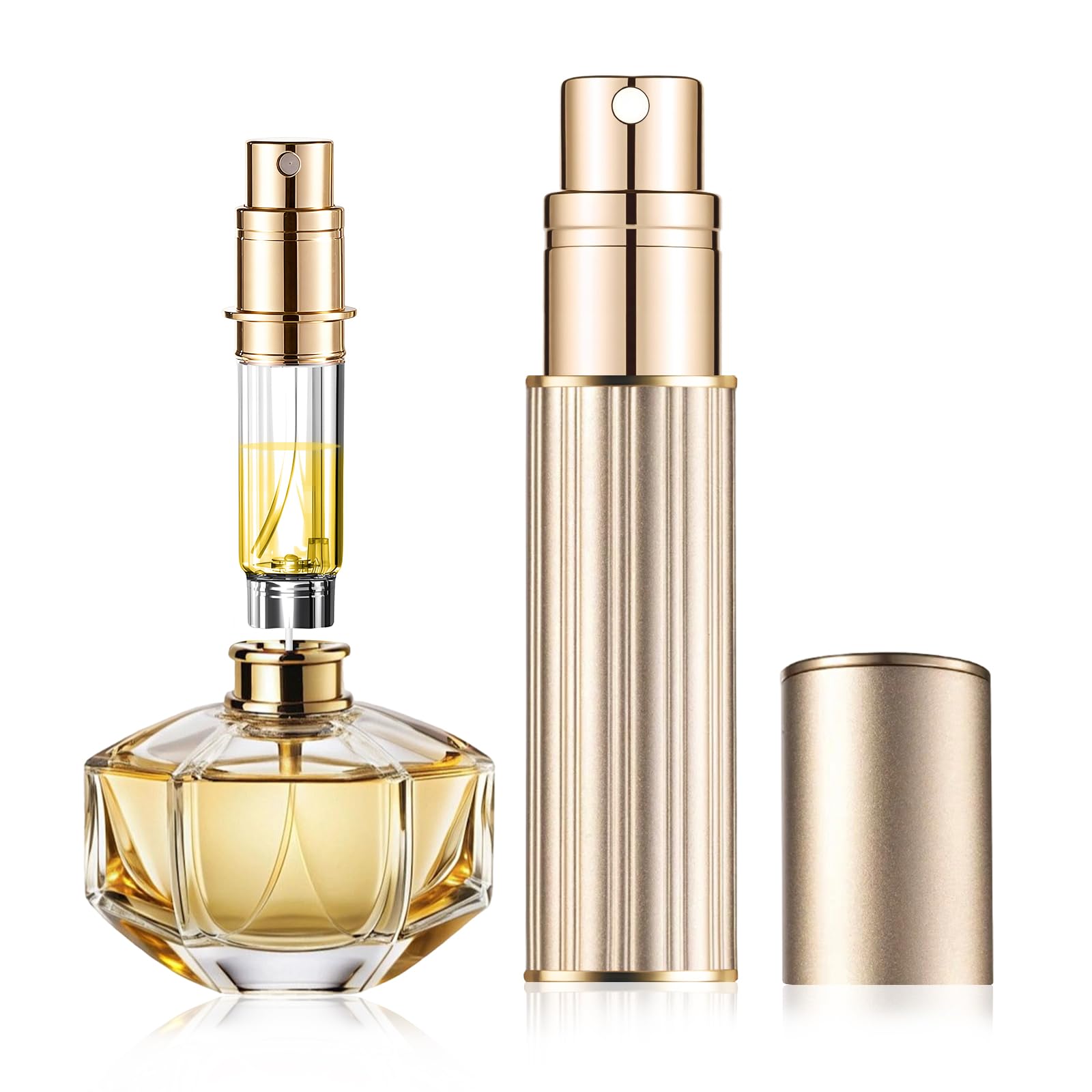 szyanlai Portable Perfume Atomiser Refillable - 5ml Empty Travel Perfume Bottle, Nano Mist, Leaking Proof, Bottom Pump without Funnel, Luxurious Mini women and men (M5-Gold)