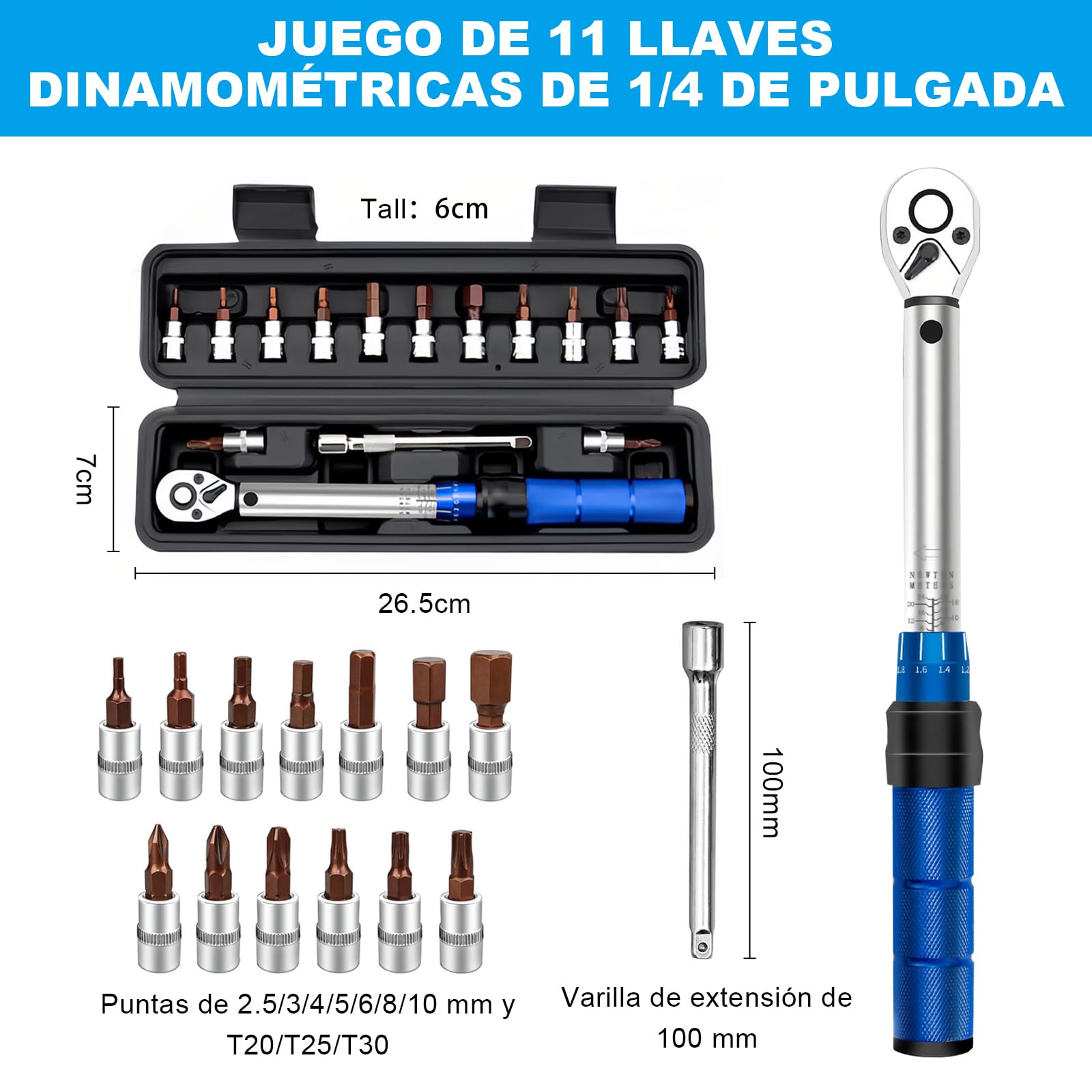 15 Piezas Llave Dinamometrica 1/4'' 2-24 Nm, Llave Dinamométrica Bicicleta Doble Dirección, Precisión de Error ±3%, Ajustable 72 Dientes con Broca y Varilla de Extensión para Bicicleta, Moto