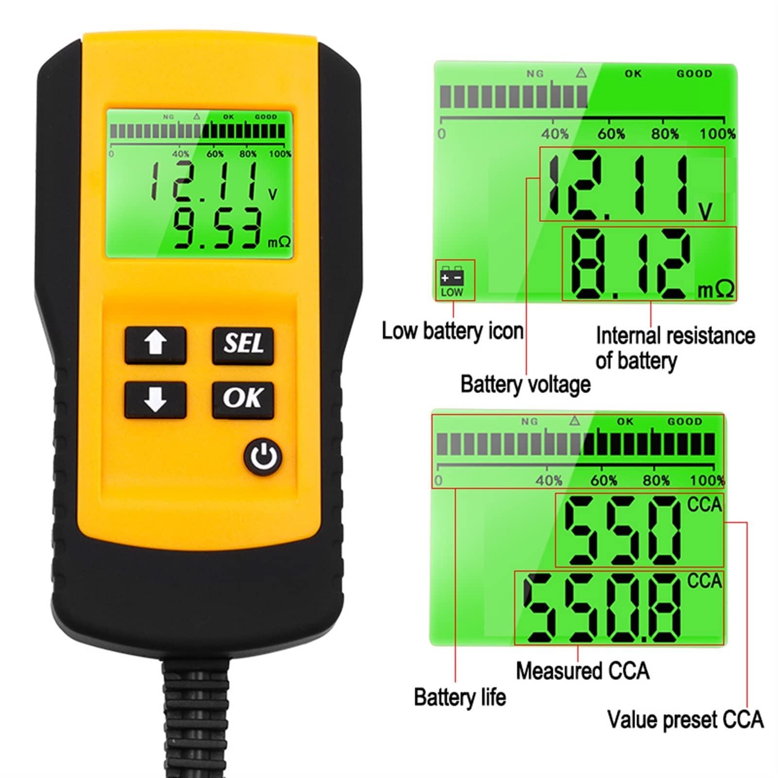 Tester per Batteria, Auto for veicoli for batterie da 12 V Lcd. Analizzatore di test della batteria digitale Auto System Analyzer Tensione Ohm Cca. Test dello strumento diagnostico. per auto, camion,